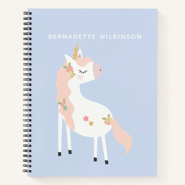 Cute Magical Unicorn Pastel Pink Purple Gold Name Notebook (Front)