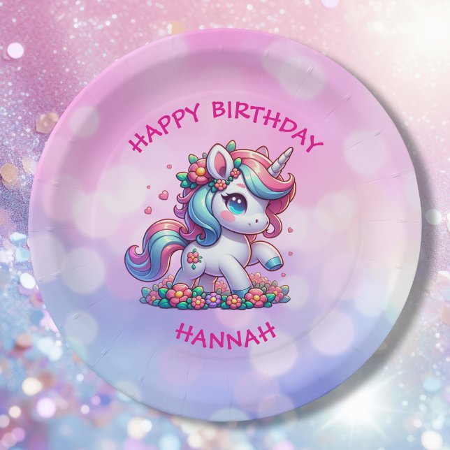 Cute Magical Unicorn Personalised Girl's Birthday Paper Plate (Creator Uploaded)