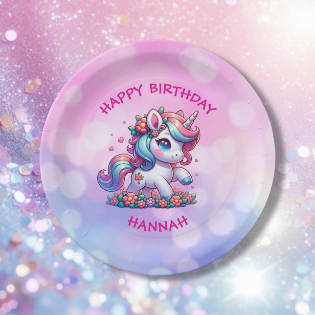 Cute Magical Unicorn Personalised Girl's Birthday Paper Plate (Creator Uploaded)