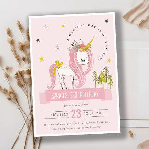 Cute Magical Unicorn Pink Blush Kids Birthday Invitation