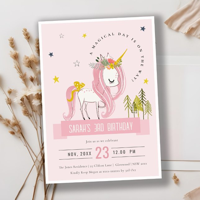 Cute Magical Unicorn Pink Blush Kids Birthday Invitation (Creator Uploaded)