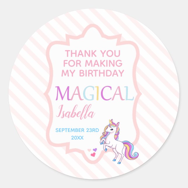 Cute Magical Unicorn Pink Thank You Classic Round Sticker (Front)