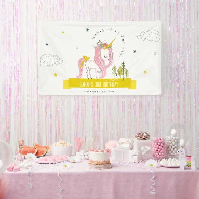 Cute Magical Unicorn Pink Yellow Kids Birthday Banner (Party)