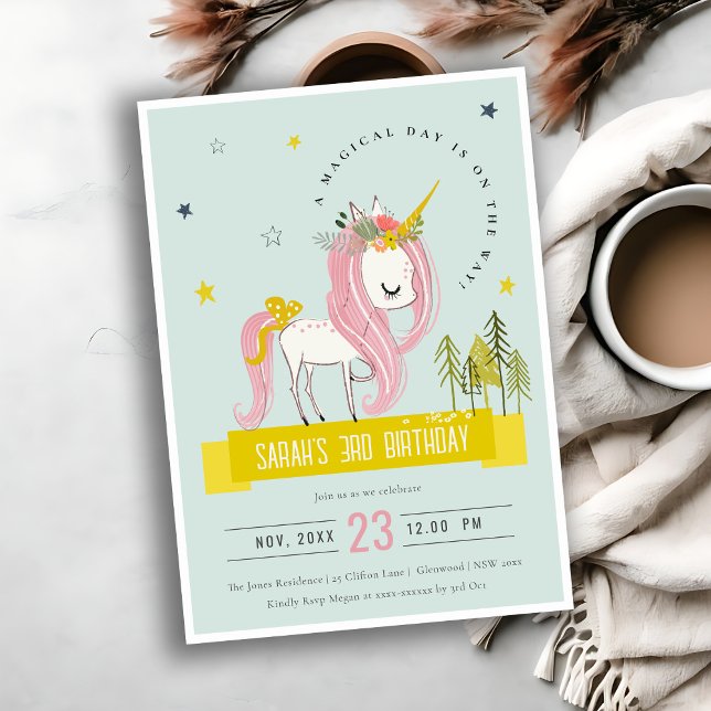 Cute Magical Unicorn Pink Yellow Kids Birthday Invitation (Creator Uploaded)