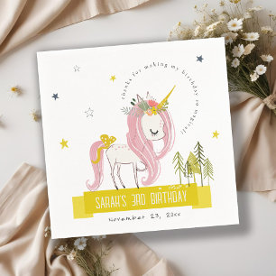 Cute Magical Unicorn Pink Yellow Kids Birthday Napkin
