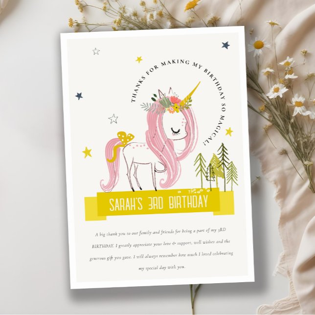 Cute Magical Unicorn Pink Yellow Kids Birthday Thank You Card (Creator Uploaded)