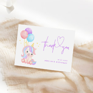 Cute Magical Unicorn Purple Girls Birthday Thank You Card