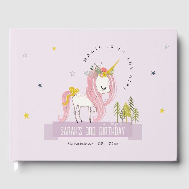 Cute Magical Unicorn Purple Lilac Kids Birthday Guest Book (Front)