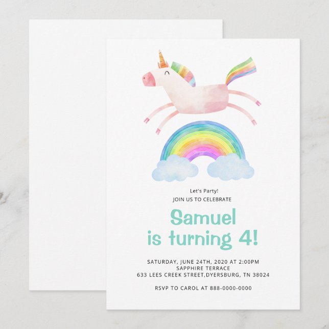 Cute Magical Unicorn Rainbow Birthday Invitation (Front/Back)