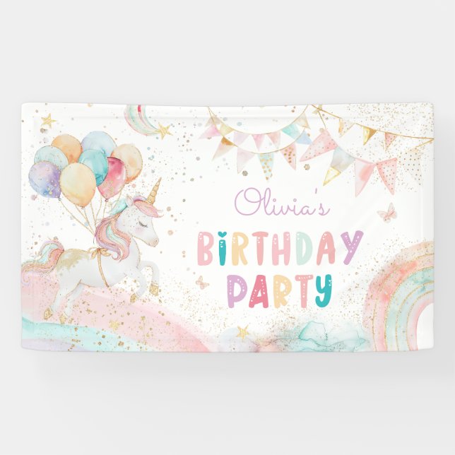 Cute Magical Unicorn Rainbow Birthday Party Banner (Horizontal)