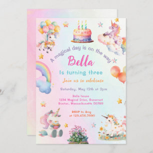 Cute Magical Unicorn Rainbow Girl Birthday Party Invitation