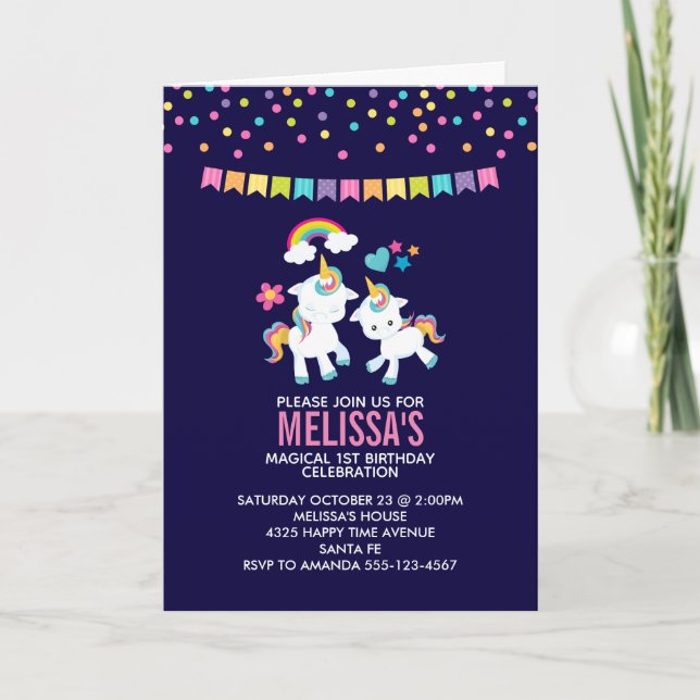 Cute Magical Unicorns with a Rainbow Birthday Card (Front)