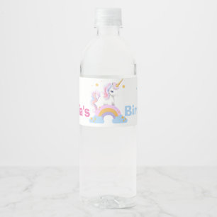 Cute magical watercolor Rainbow Unicorn Birthday Water Bottle Label