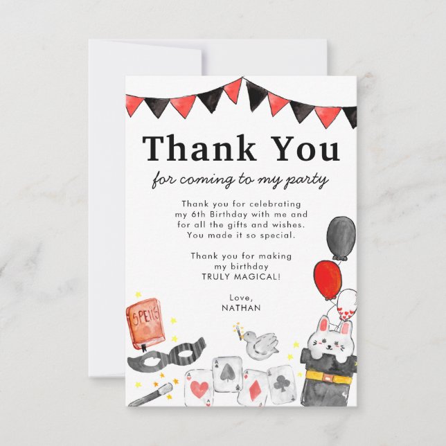 Cute Magician Rabbit Magic Show Balloons Birthday Thank You Card (Front)