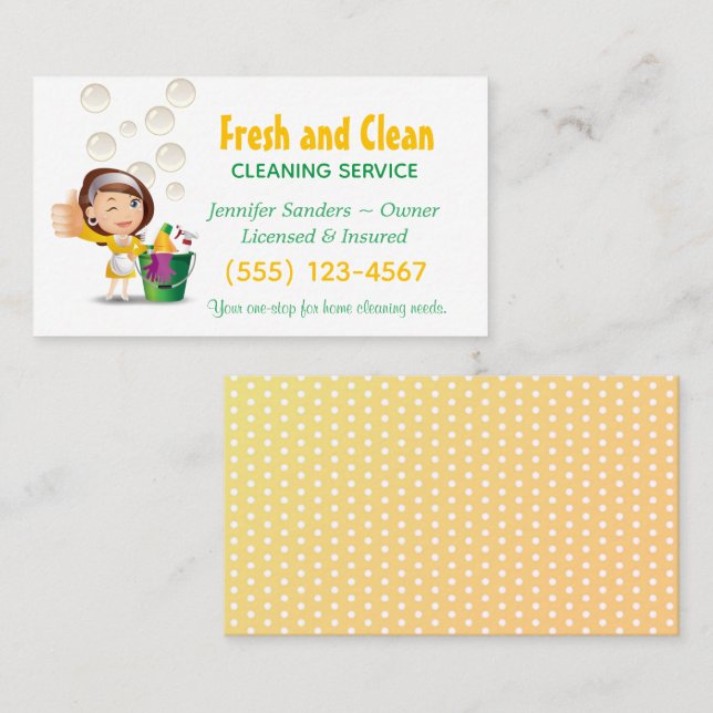 Cute Maid Girl Polka Dots Cleaning Service Business Card (Front/Back)