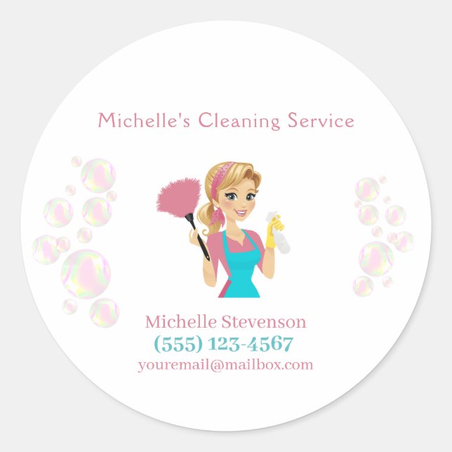 Cute Maid House Pink Glitter Cleaning Service Classic Round Sticker (Front)