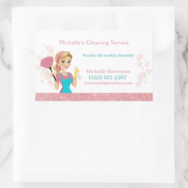 Cute Maid House Pink Glitter Cleaning Service Rectangular Sticker (Bag)