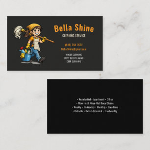 Cute Maid Mascot Cleaning Service Black Business Card