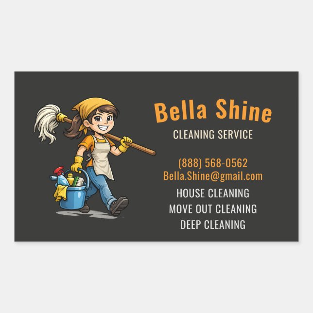 Cute Maid Mascot Cleaning Service Black Rectangular Sticker (Front)