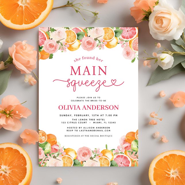 Cute Main Squeeze Citrus Bridal Shower Orange Invitation (Creator Uploaded)