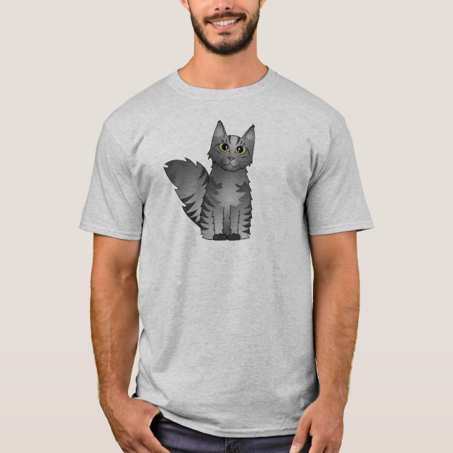 Cute Maine Coon Cat Cartoon - Silver Tabby T-Shirt (Front)