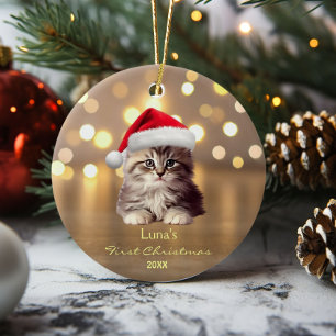 Cute Maine Coon Cat Santa Hat Gold Personalised  Ceramic Ornament
