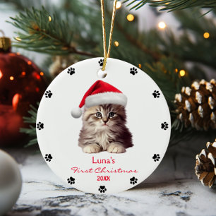 Cute Maine Coon Cat Santa Hat Paw Personalized  Ceramic Ornament