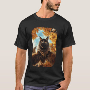 Cute Maine Coon Cat Selfie Fall Leaves Forest Autu T-Shirt