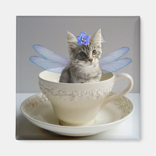 Cute Maine Coon kitten cat fairy square magnet (Front)