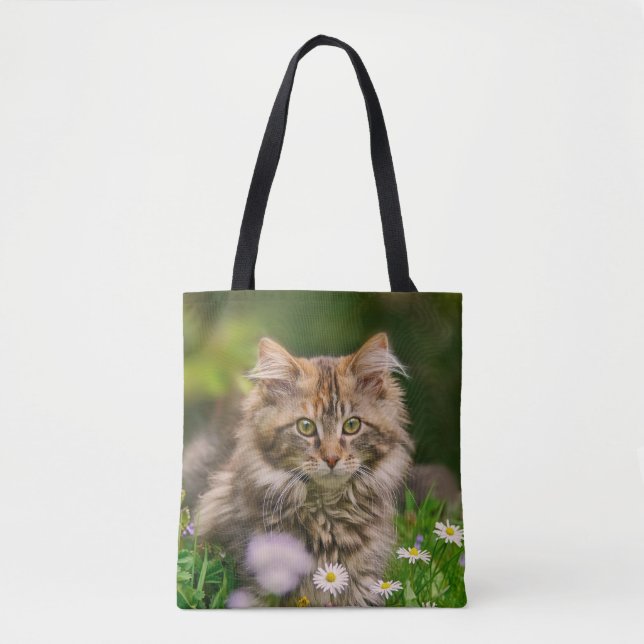 Cute Maine Coon Kitten Cat Flower Meadow - Shopper Tote Bag (Front)