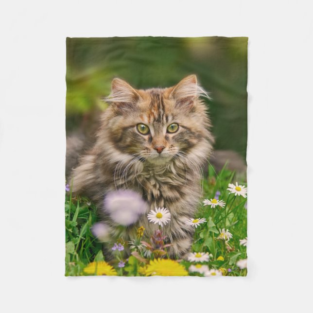 Cute Maine Coon Kitten Cat in Flowers Fleece Blanket (Front)
