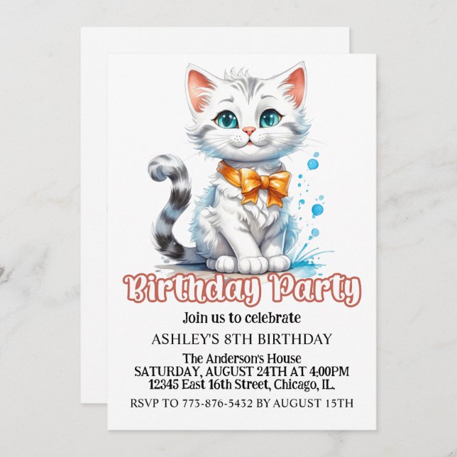 Cute Majestic Kitty Cat Birthday Party Invitation (Front/Back)
