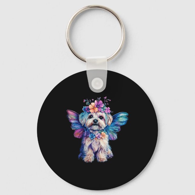 Cute Maltese Dog Angel With Wings  Key Ring (Front)