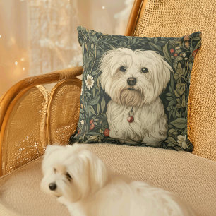 Cute Maltese Dog in a William Morris Style Garden Cushion