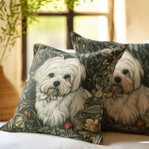Cute Maltese Dog in a William Morris Style Garden Cushion