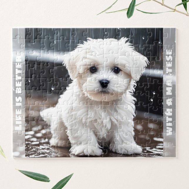 Cute Maltese Dog Puppy Fall Rain Custom Name Jigsaw Puzzle (Cute Maltese Dog Puppy Fall Rain Custom Name Jigsaw Puzzle)