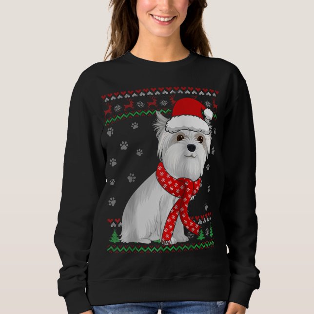 Cute Maltese Dog Ugly Christmas Sweater Santa Hat (Front)
