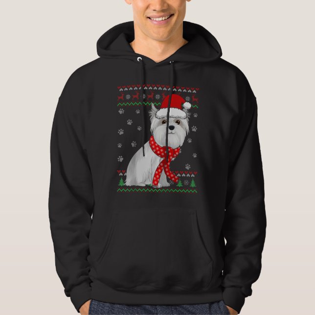 Cute Maltese Dog Ugly Christmas Sweater Santa Hat (Front)