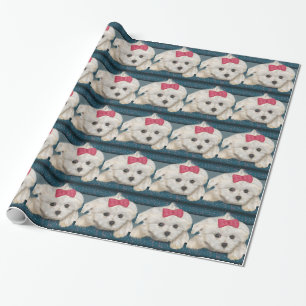 Cute Maltese Dog with Creme Fur and Red Ribbon Wrapping Paper