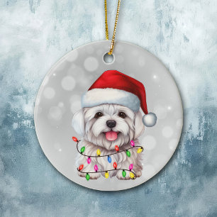 Cute Maltese Dog Wrapped in Christmas Lights  Ceramic Ornament
