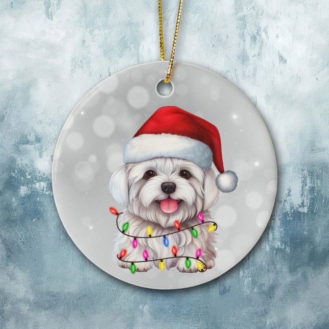 Cute Maltese Dog Wrapped in Christmas Lights  Ceramic Ornament (Creator Uploaded)