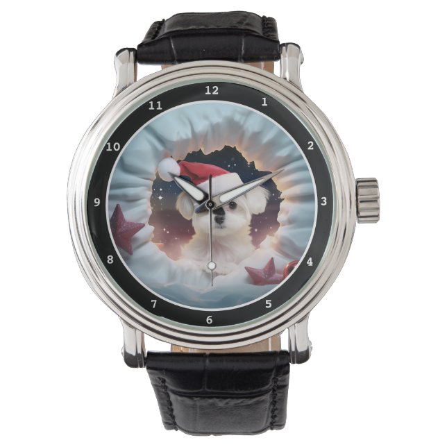 Cute Maltese Puppy Christmas Scene Image Watch (Front)