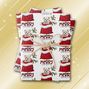 Cute Maltese Puppy Dog in Holiday Gift Bag Wrapping Paper Sheet