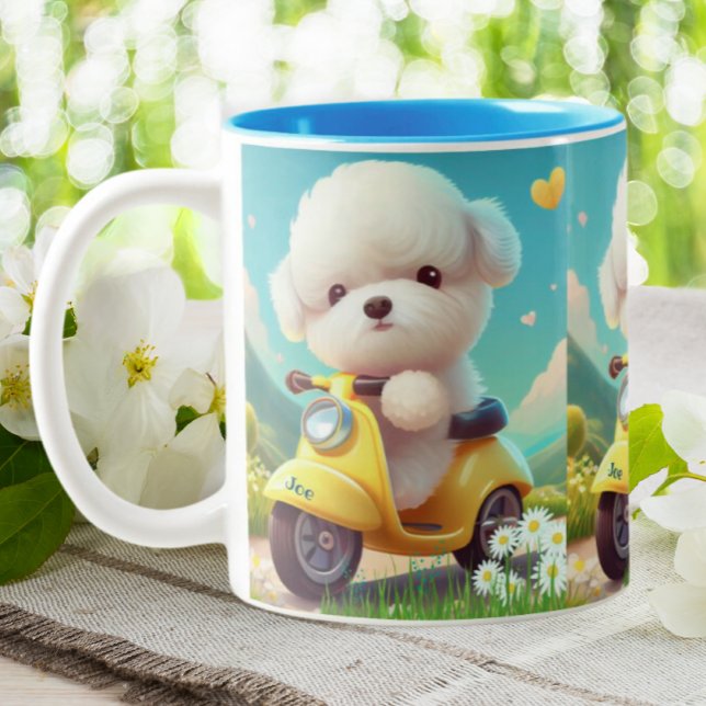 Cute Maltese Puppy Dog Yellow Scooter Personalised Two-Tone Coffee Mug (Creator Uploaded)