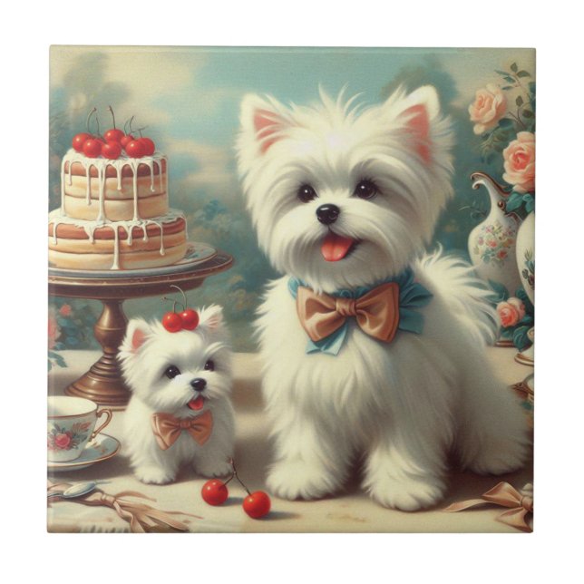 Cute Maltese Puppy Painting Ceramic Tile (Front)