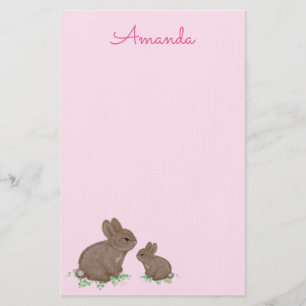 Cute Mama and Baby Bunny in Clover Pink Stationery