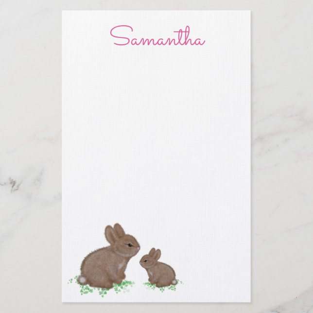 Cute Mama and Baby Bunny in Clover Stationery (Front)