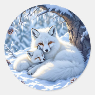 Cute Mama and Baby White Foxes in the Snow Classic Round Sticker