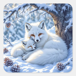 Cute Mama and Baby White Foxes in the Snow Square Sticker