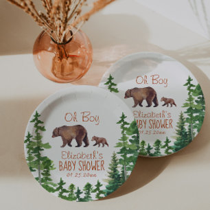 Cute Mama Baby Bear Boy Baby Shower Paper Plate